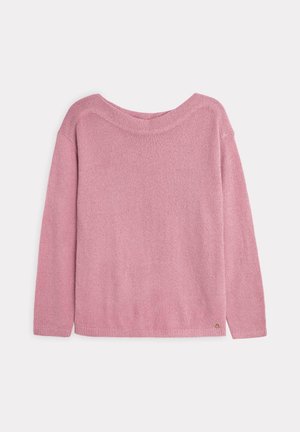 Różowy sweter dzianinowy z szerokim dekoltem, długimi rękawami i ściągaczem na dole. Ma miękką teksturę i minimalne detale na dole.