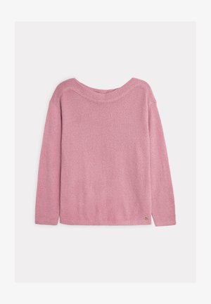 Różowy sweter dzianinowy z szerokim dekoltem, długimi rękawami i ściągaczem na dole. Ma miękką teksturę i minimalne detale na dole.