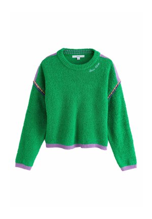 Green fuzzy sweater with lilac trim on cuffs, hem, and shoulders, featuring embroidered "Good vibes" text near the collar.