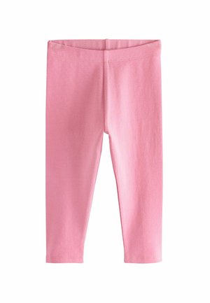 Rosa Baumwollleggings zeichnen sich durch eine glatte Textur, einen figurschmeichelnden Schnitt und einen elastischen Bund aus. Es sind keine Muster oder Verzierungen vorhanden.