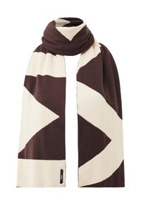 Brun och beige halsduk med djärvt geometriskt zigzag-mönster, vikt och draperad, med en liten svart varumärkesetikett i nederkanten.