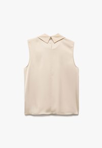 Beige ärmlös blus med spetsig krage, mjukt tyg och en nyckelhålsöppning bak. Minimalistisk design och skräddarsydd form.