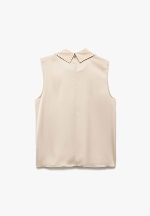 Blusa beige senza maniche con colletto a punta, tessuto liscio e apertura a chiave sul retro. Design minimalista e forma sagomata.