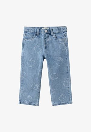 Jasnoniebieskie dżinsy wykonane z denimu, zdobione powtarzającym się nadrukiem twarzy Hello Kitty. Klasyczny fason z pięcioma kieszeniami, proste nogawki i postrzępione brzegi.