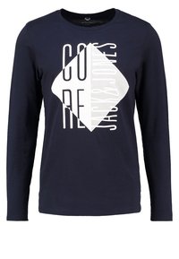 Dlouhý rukáv navy blue tričko vyrobené z bavlny, s bílým geometrickým grafickým designem a silným textem a liniemi na přední straně.