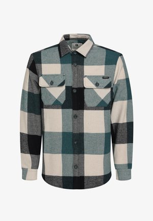 Long-sleeve plaid shirt in teal, black, and cream. Made from a textured fabric, features button-up closure and twin chest pockets.