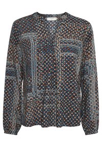 Bluzka z długim rękawem w kolorze granatowym z wielokolorowymi wzorami kwiatowymi i geometrycznymi, z dekoltem w kształcie litery V i lekko marszczonymi mankietami.