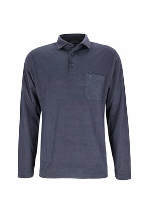 Marineblaues Langarm-Polohemd mit einem knöpfbaren Kragen, strukturiertem Stoff, geometrischem Muster und einer Brusttasche.