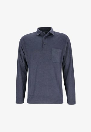 Marineblaues Langarm-Polohemd mit einem knöpfbaren Kragen, strukturiertem Stoff, geometrischem Muster und einer Brusttasche.