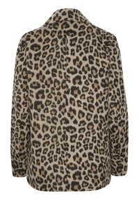 Cappotto di pelle di leopardo con tessuto morbido, colletto classico e vestibilità comoda, in tonalità di beige, nero e marrone chiaro con un motivo testurizzato.