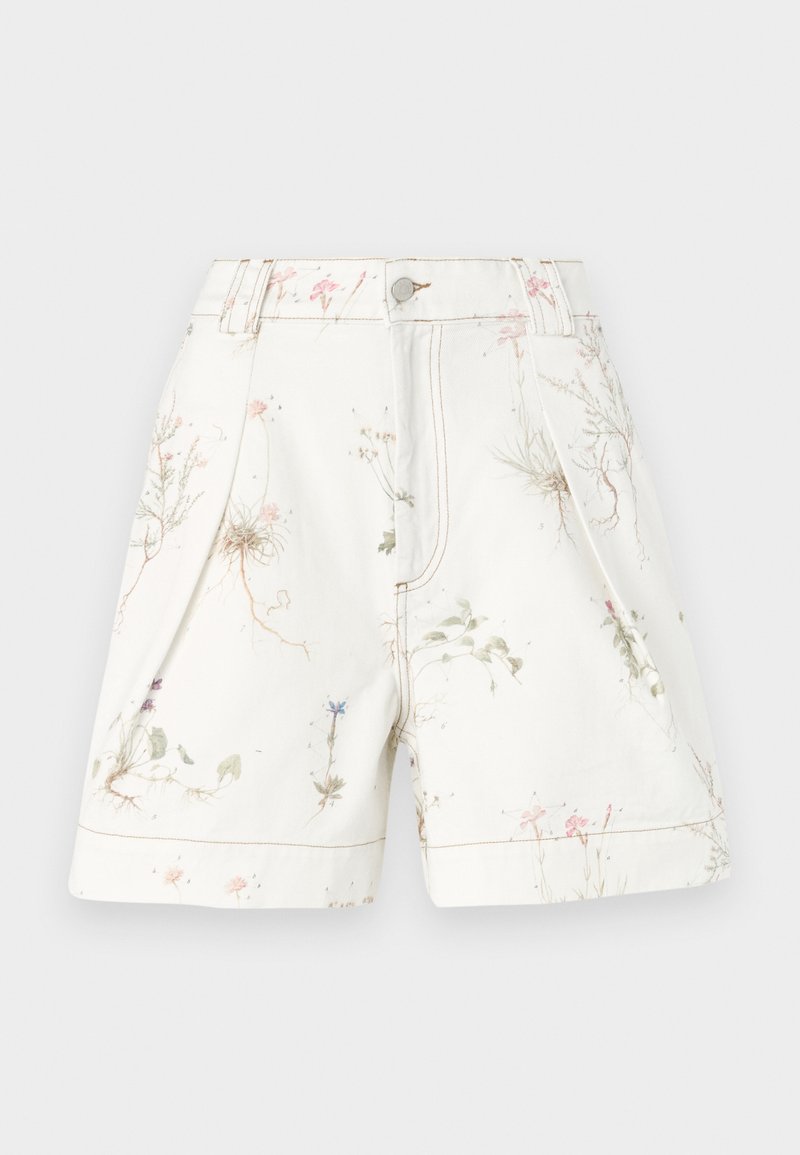 Shorts blancs avec imprimé floral en rose et bleu. Fabriqués en coton, dotés de poches latérales et d'une fermeture par bouton. Motif texturé sur l'ensemble.