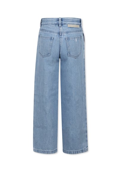 Jeans a gamba larga in denim blu chiaro con vita alta, dotati di due tasche posteriori, orlo pulito e dettagli etichetta minimalisti sulla vita.
