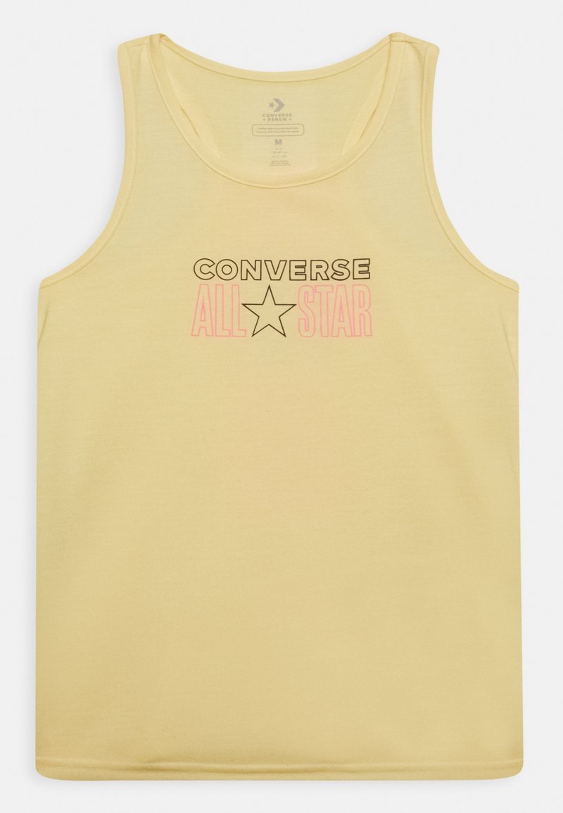 Débardeur jaune sans manches avec le texte "CONVERSE ALL STAR" et un logo étoile au centre devant.