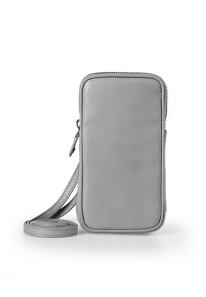 Gray leather crossbody bag with a rectangular shape, zip closure, and a long, flat strap. Smooth texture with minimal design details.