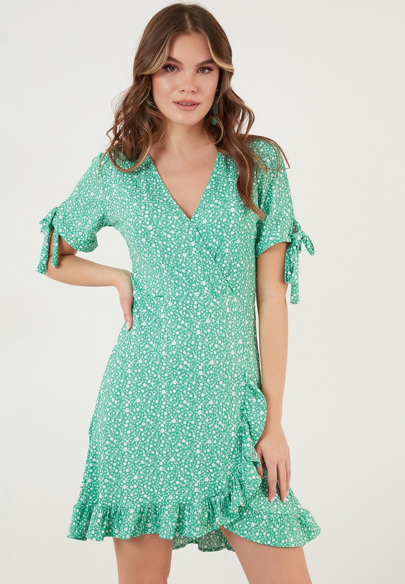 LELA FLORAL V NECK RUFFLE DETAIL MINI  - Rochie de zi - benetton color