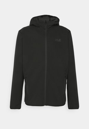 Zwarte hooded jacket van softshellmateriaal, met een volledige rits, twee zijzakken en een subtiel logo op de borst.