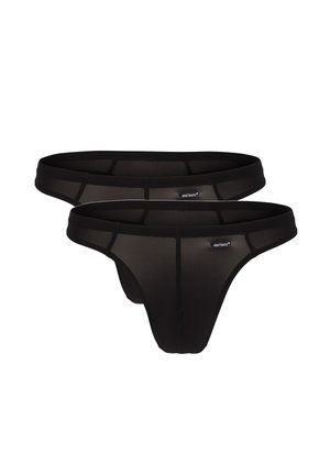 Zwarte gaas stringonderbroek met een gestructureerde tailleband, voorzien van een merketiket en een transparant design. Twee paren zichtbaar, minimale stiksels.