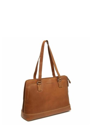 Sac à main rectangulaire en cuir marron avec deux sangles d'épaule et coutures visibles, présenté en angle pour montrer la fermeture éclair avant et latérale.