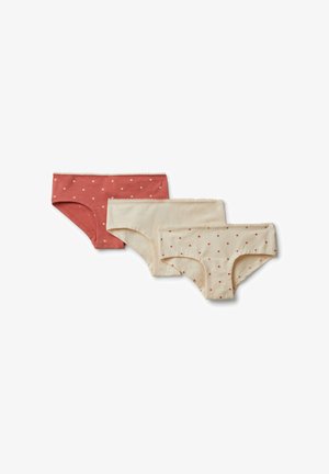 Tres pares de bragas de algodón: un par de color óxido con puntos crema y dos pares crema con puntos óxido, con adornos de encaje en la cinturilla.