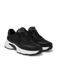 Black athletic shoes with textured mesh upper studded with small rhinestones, featuring black laces, a padded collar, and a white sole.