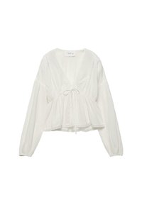 Biela blúzka s dlhým rukávom a výstrihom do V, zdobená na páse sťahovaním na prednej strane a jemnými čipkovými detailmi.