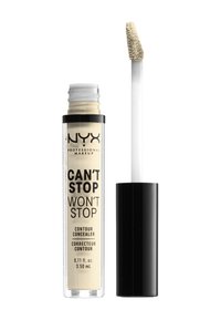 Correcteur contour NYX Can't Stop Won't Stop dans un tube transparent, présentant un liquide beige, un capuchon noir et un applicateur court et doux.