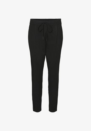 Zwarte broek met elastische tailleband, verstelbare koord en taps toelopende pijpen. Glad materiaal met subtiele plooien aan de voorkant.