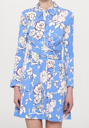 Femme portant une robe bleue à manches longues fleurie avec un devant boutonné, un col pointu et une ceinture à la taille.