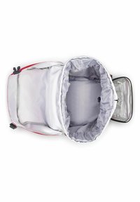 Zaino rosso con interno grigio, dotato di un ampio scomparto principale e di una piccola tasca laterale. Tessuto liscio con chiusure a zip.