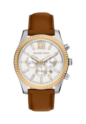 Braune Lederarmbanduhr mit einem Gehäuse aus silber- und goldfarbenem Edelstahl. Das weiße Zifferblatt verfügt über strukturierte Muster, drei Hilfszifferblätter und eine Datumsanzeige.