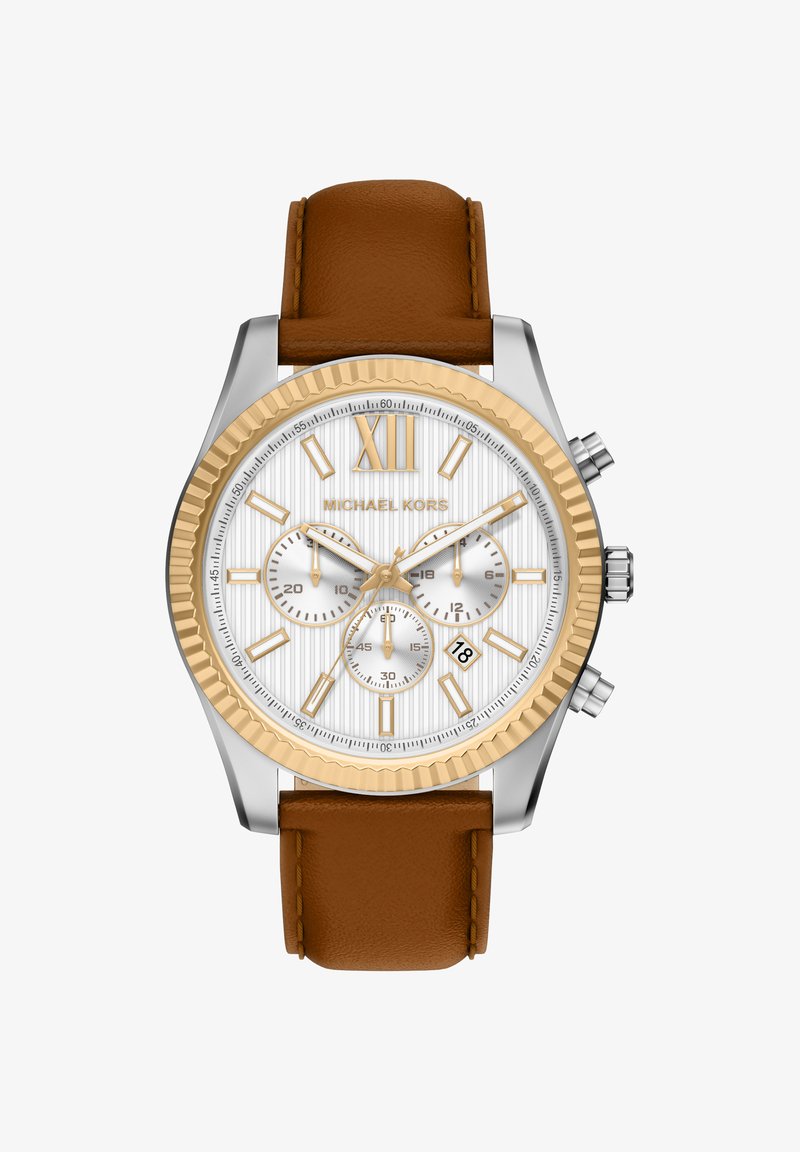 Zegarek na brązowym skórzanym pasku z kopertą ze stali nierdzewnej w kolorze srebrno-złotym. Biała tarcza zdobiona teksturowanymi wzorami, trzema subtarczami oraz wyświetlaczem daty.