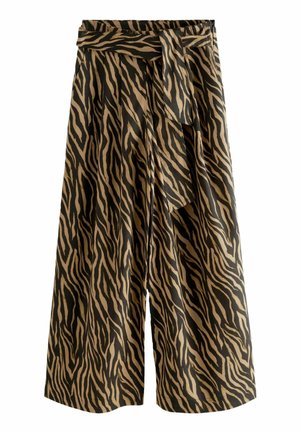 Pantaloni a gamba larga con motivo a strisce di tigre nei colori nero e beige, realizzati in tessuto leggero, con dettaglio in vita con cintura annodata.