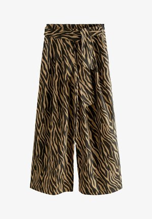 Hose mit weitem Bein in einem Tigerstreifenmuster in Schwarz und Beige, aus leichtem Stoff, mit einer detailreichen gebundenen Taille.