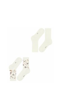 Katoenen sokken in een licht crèmekleur. Een paar heeft een bloemenpatroon met gedempte kleuren; het andere paar is effen crème. Beide hebben geribde boorden.