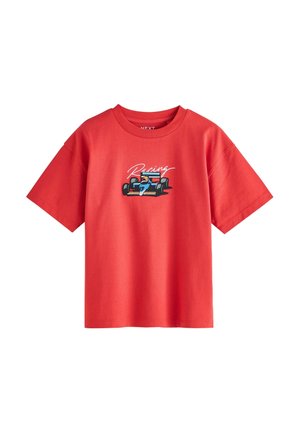 Red short-sleeve T-shirt with a blue racing car and driver graphic and the word "Racing" printed above the car on the chest.