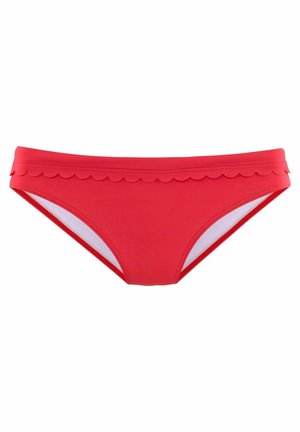 Roter Bikiniunterteil mit gewelltem Saum. Hergestellt aus glattem, dehnbaren Material. Verfügt über ein weißes Innenfutter und eine durchgehend einheitliche Farbe.
