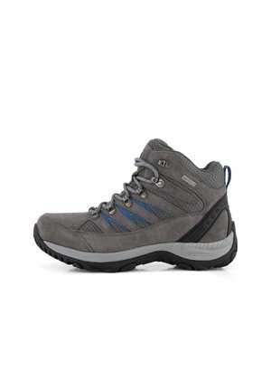 Gray hiking boot with a suede and mesh upper, blue accents, metal eyelets, and a cushioned sole. Features a padded collar and rubber tread.