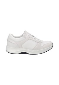 White athletic shoe with a textured upper, mesh panels, and a cushioned sole. Features gray suede accents and a black rubber outsole.
