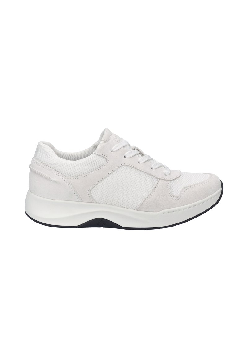 White athletic shoe with a textured upper, mesh panels, and a cushioned sole. Features gray suede accents and a black rubber outsole.