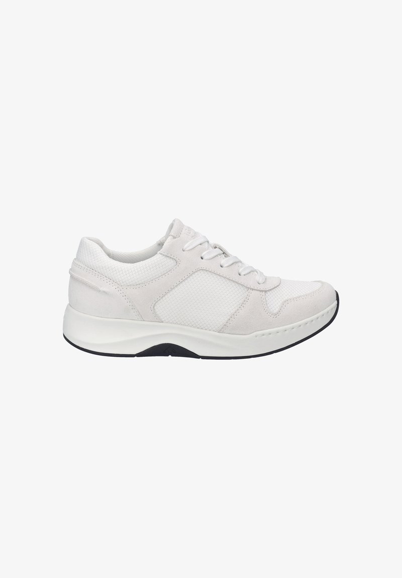 White athletic shoe with a textured upper, mesh panels, and a cushioned sole. Features gray suede accents and a black rubber outsole.