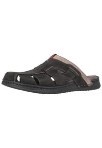 Black leather slip-on sandal featuring cut-out design, contrasting beige accents, and a textured sole for grip. Stitching details visible.