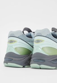 Paire de chaussures de course vert menthe et gris vues de dos sur fond blanc, mettant en avant des talons rembourrés et une tige en tissu mesh.