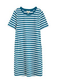 Sukienka w paski z krótkimi rękawami, z turkusowymi i białymi poziomymi paskami, okrągłym dekoltem i kieszeniami po bokach. Miękki, lekki materiał.