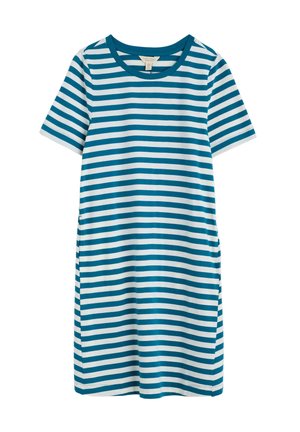 Gestreiftes Kleid mit kurzen Ärmeln, das türkisfarbene und weiße horizontale Streifen zeigt, runden Ausschnitt und seitliche Taschen hat. Weicher, leichter Stoff.