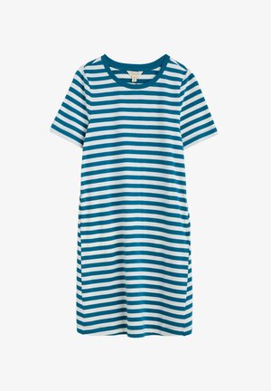 Sukienka w paski z krótkimi rękawami, z turkusowymi i białymi poziomymi paskami, okrągłym dekoltem i kieszeniami po bokach. Miękki, lekki materiał.