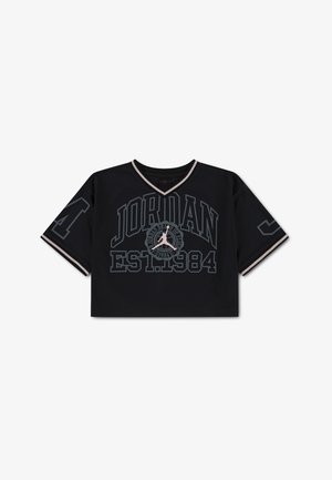 Haut de sport court noir avec le texte "JORDAN EST. 1984" et le logo Jumpman en gris, col en V et manches courtes avec une bordure rose clair.