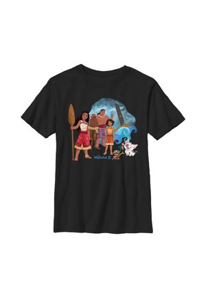Zwarte katoenen t-shirt met kleurrijke cartoonfiguren uit "Moana 2," met een surfplank en oceaangolven op de achtergrond.