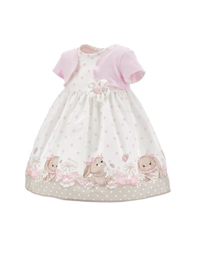 Bela otroška obleka z rožnatimi pikami, roza bolero, detajl s cvetjem v pasu ter motiv zajčka in cvetja na robu krila.