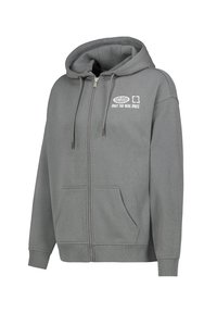Gray zip-up hoodie made of soft fabric. Features a kangaroo pocket, drawstring hood, and white printed text on the front.