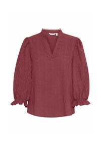 Rynket bordeaux-bluse med lange puffærmer, tekstureret stof, V-hals-design og dekorativt bånd langs halsudskæringen.